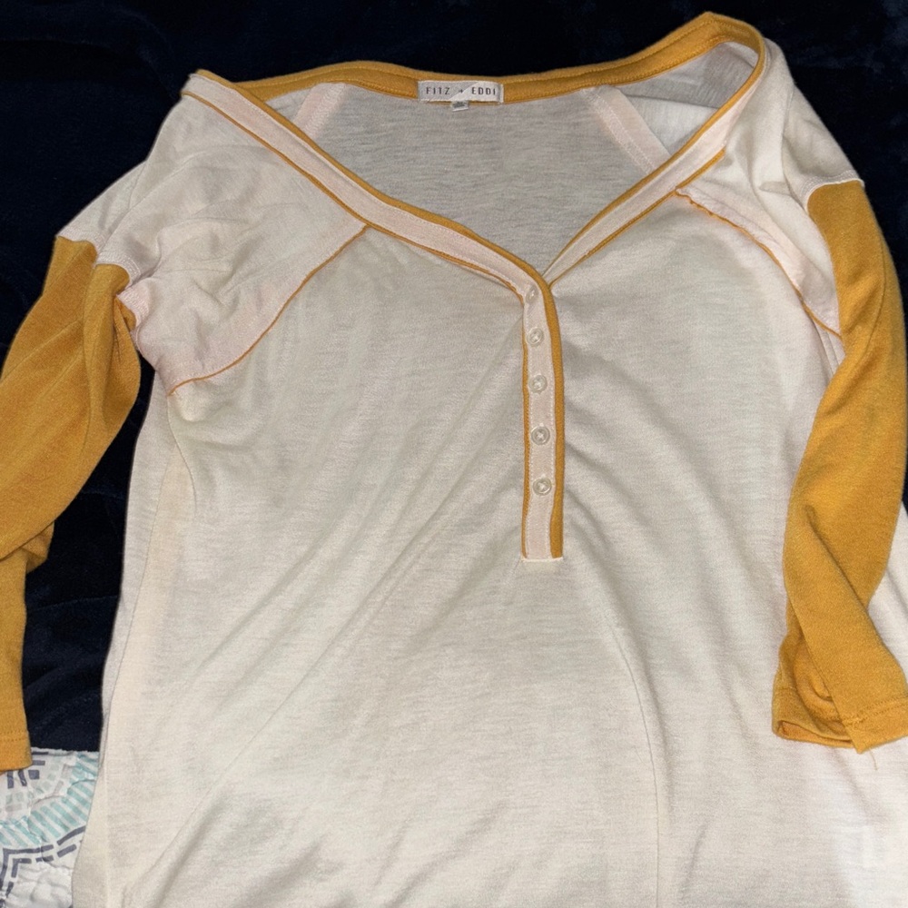 White and Mustard Mid Sleeve Henley Top